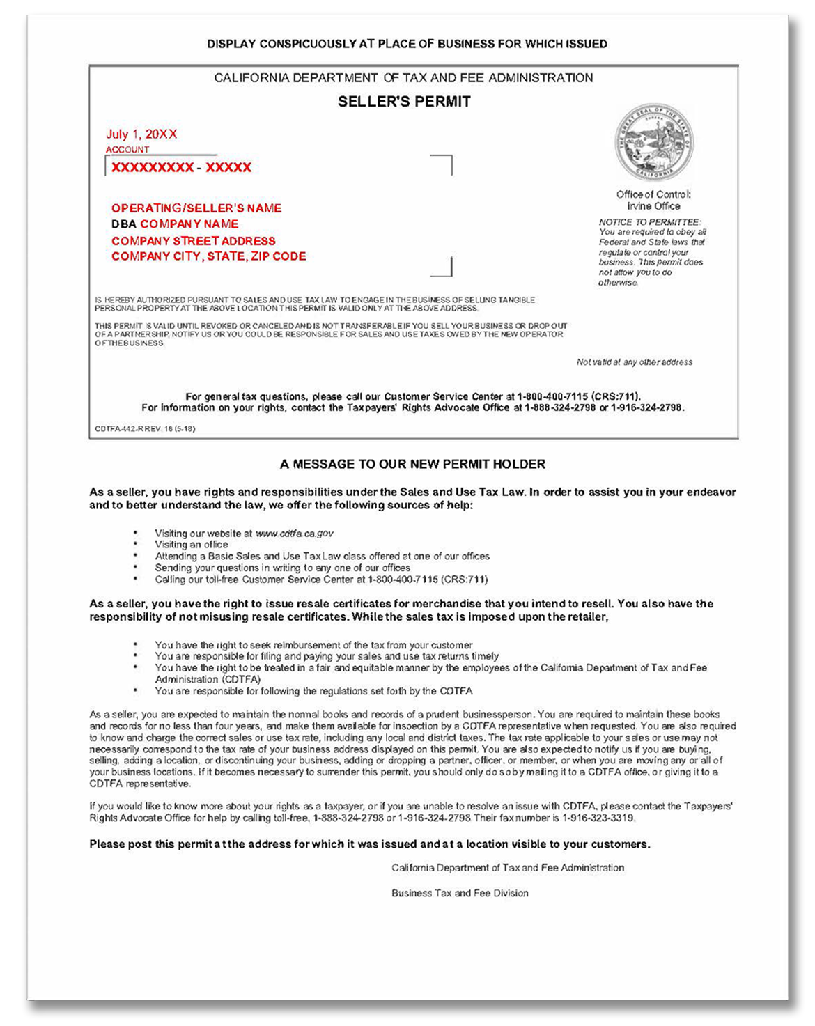 Sample Seller's Permit